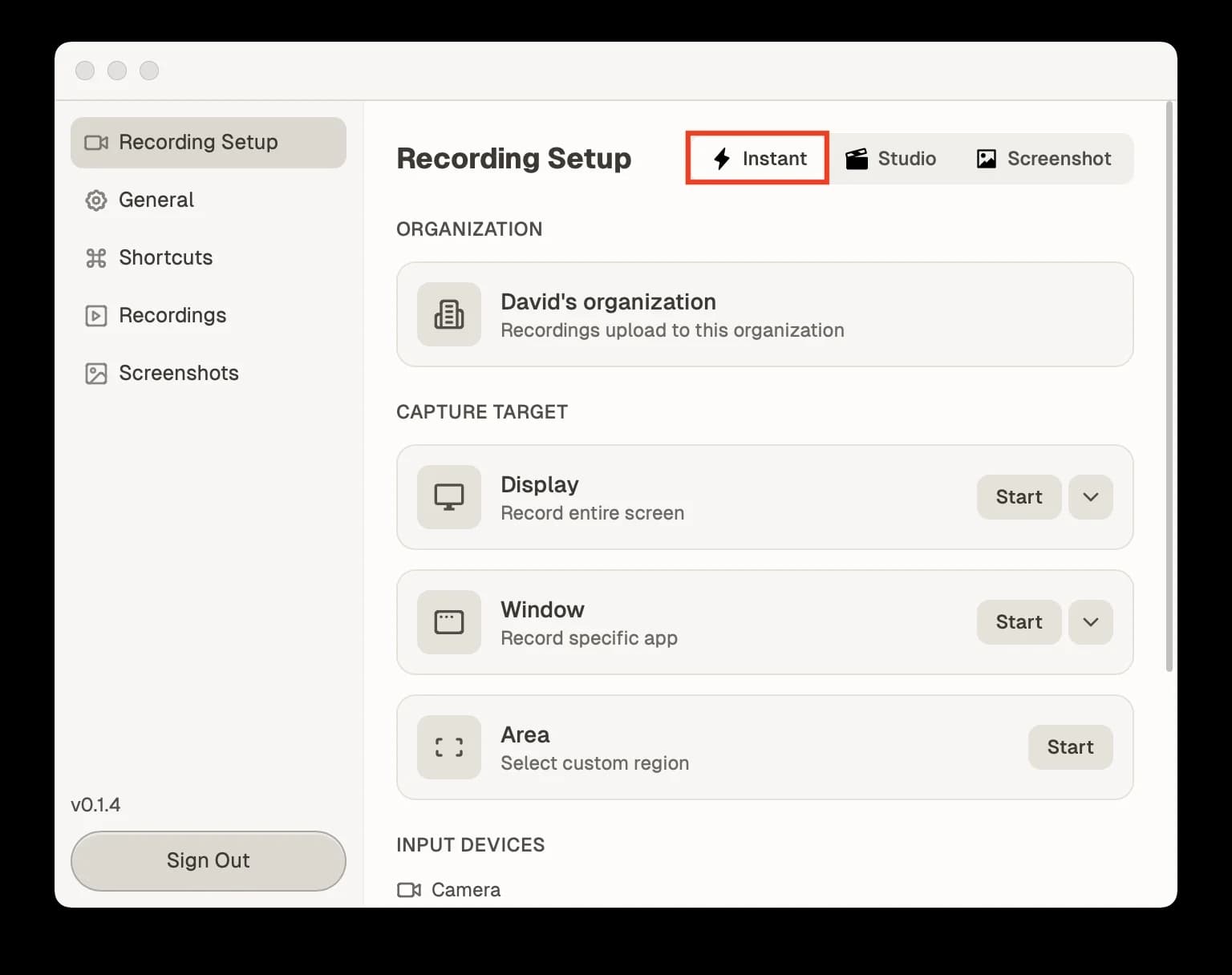 QuickSnip recording panel in Instant mode with the Instant tab highlighted