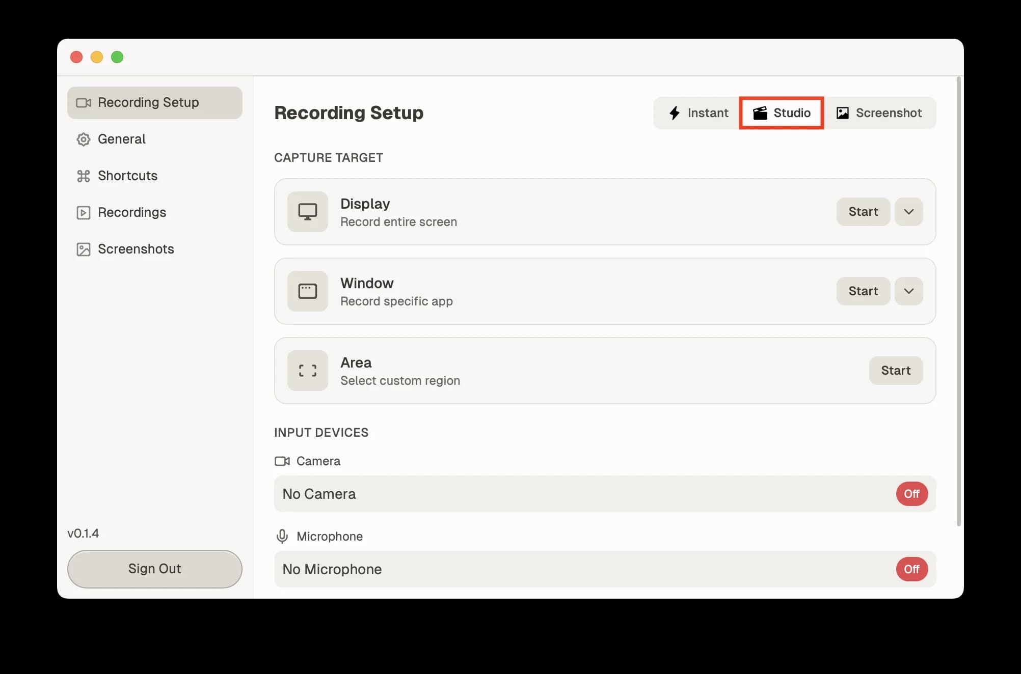 QuickSnip recording panel in Studio mode with the Studio tab highlighted