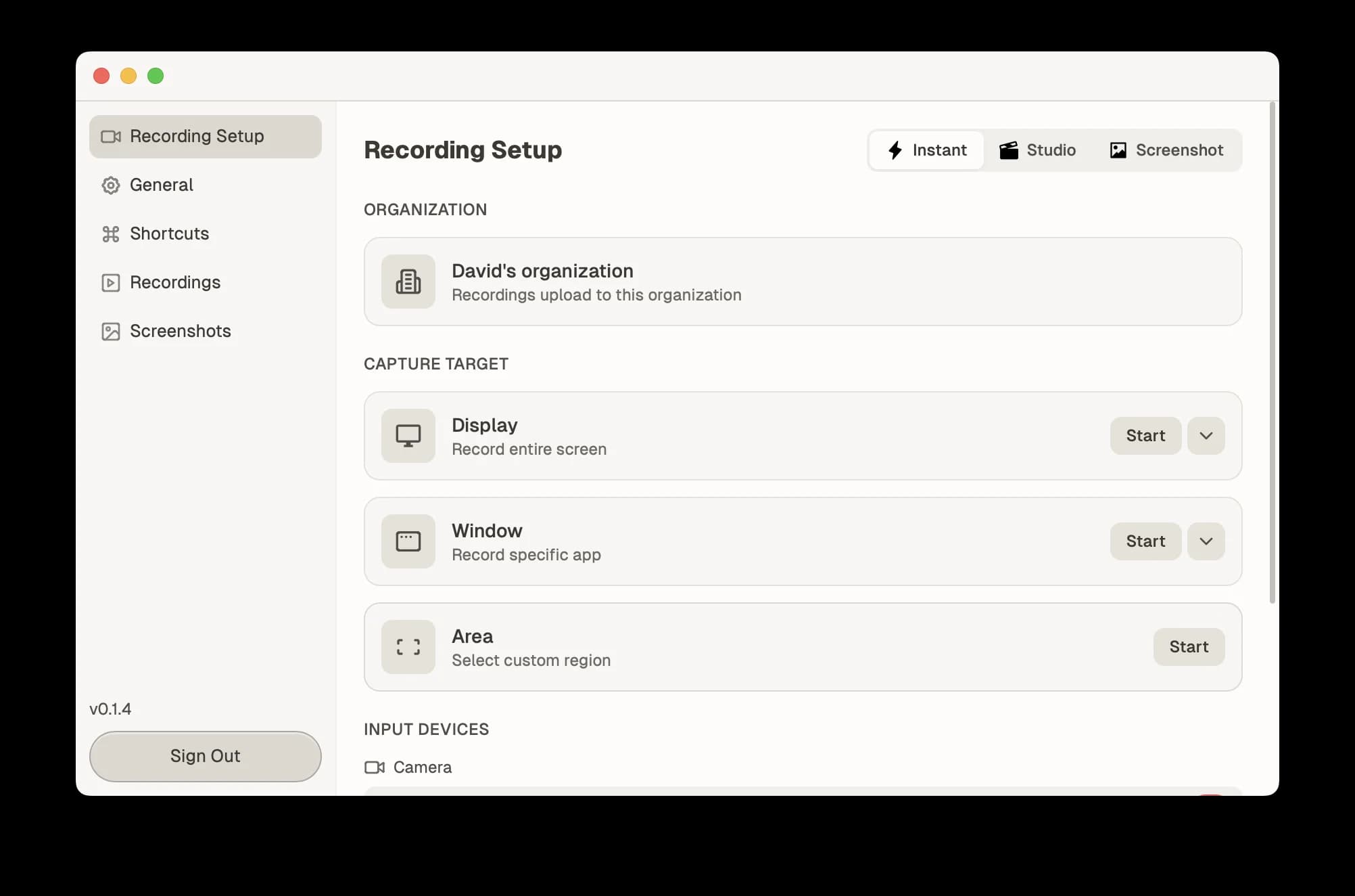 QuickSnip recording panel showing Instant and Studio mode tabs