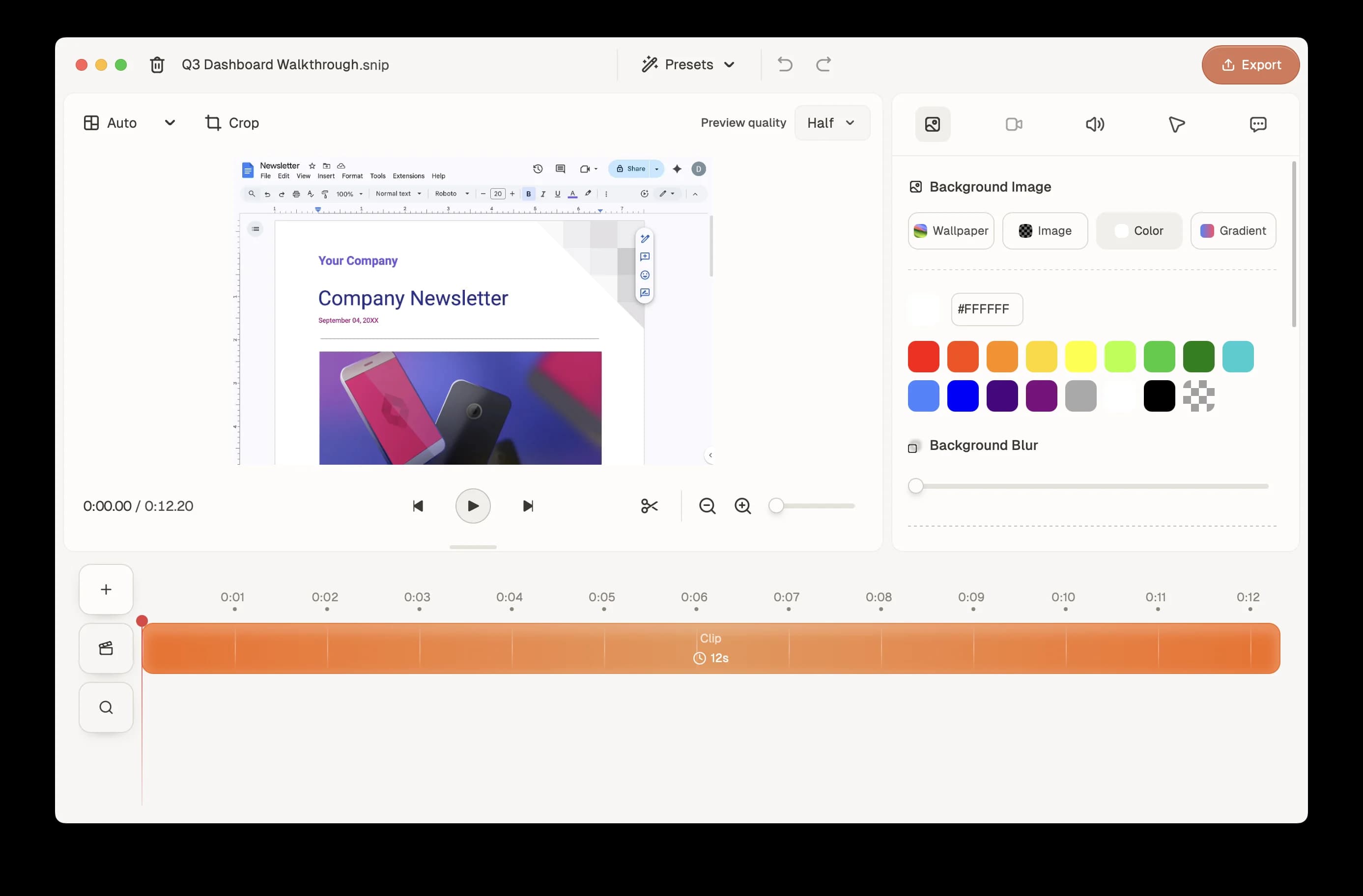 QuickSnip studio editor with video preview, timeline, and editing controls