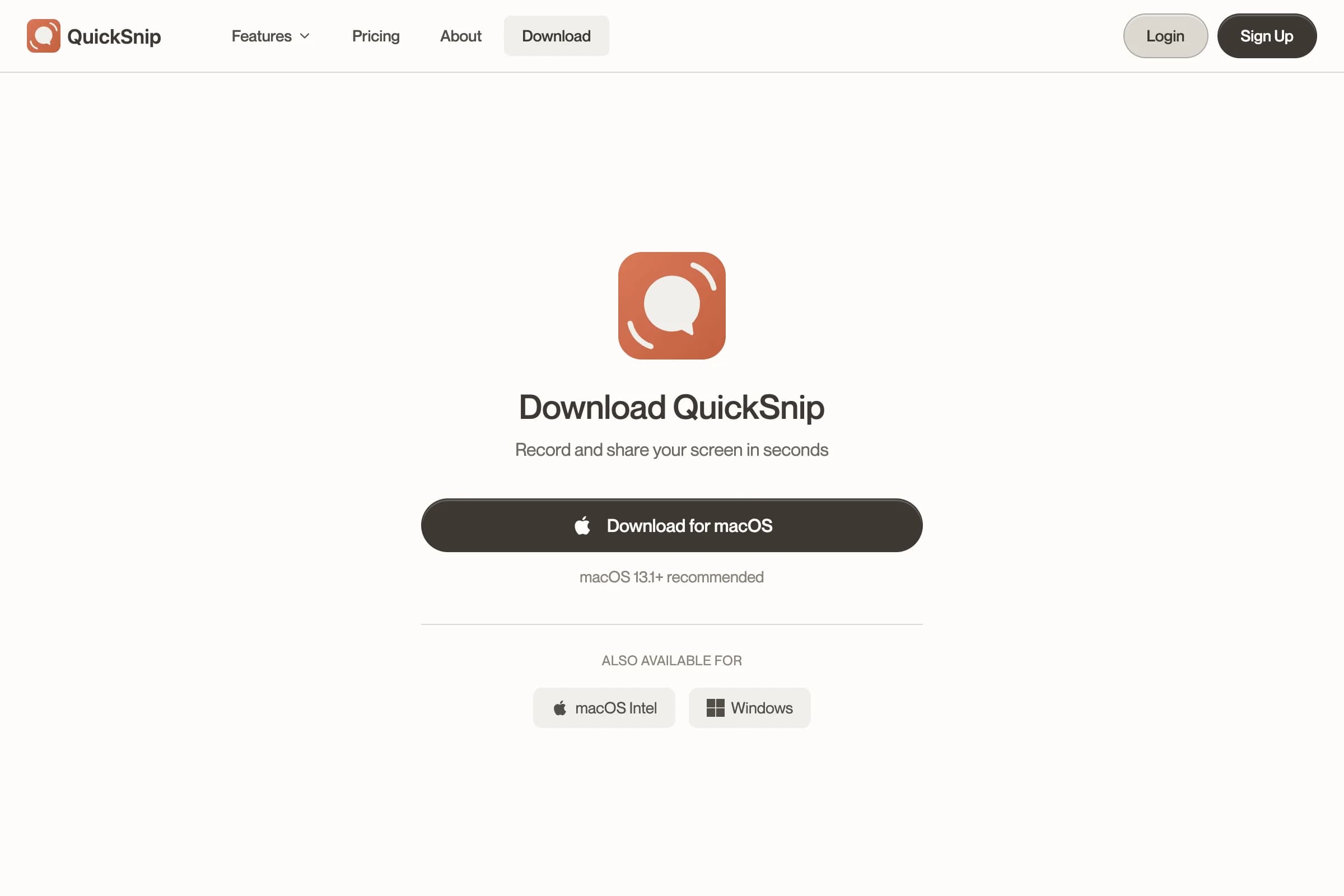 QuickSnip download page showing macOS and Windows download buttons