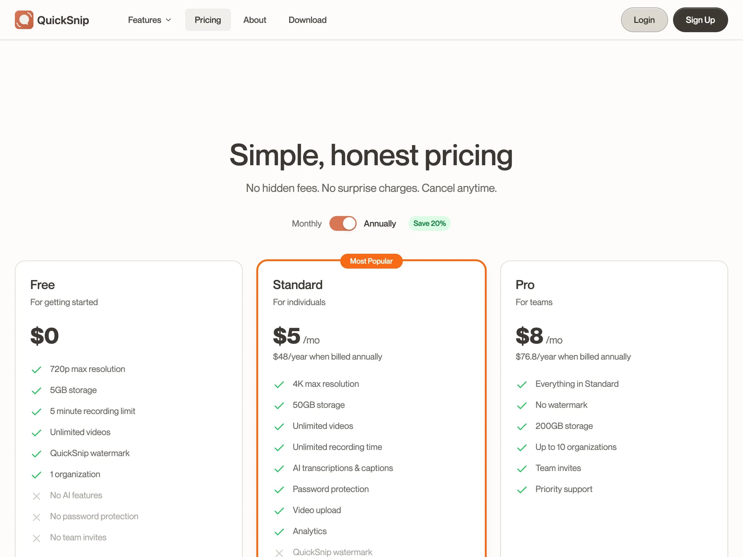 QuickSnip pricing page showing Free, Standard, and Pro tiers