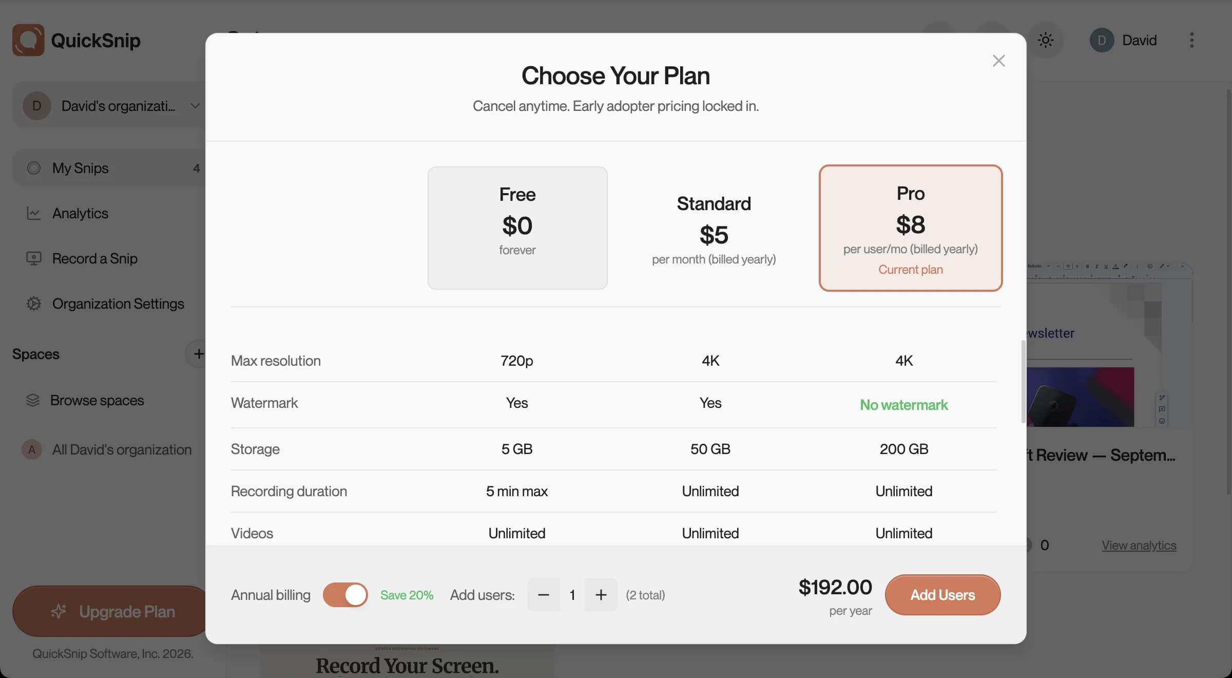 Choose Your Plan modal showing Free, Standard, and Pro options