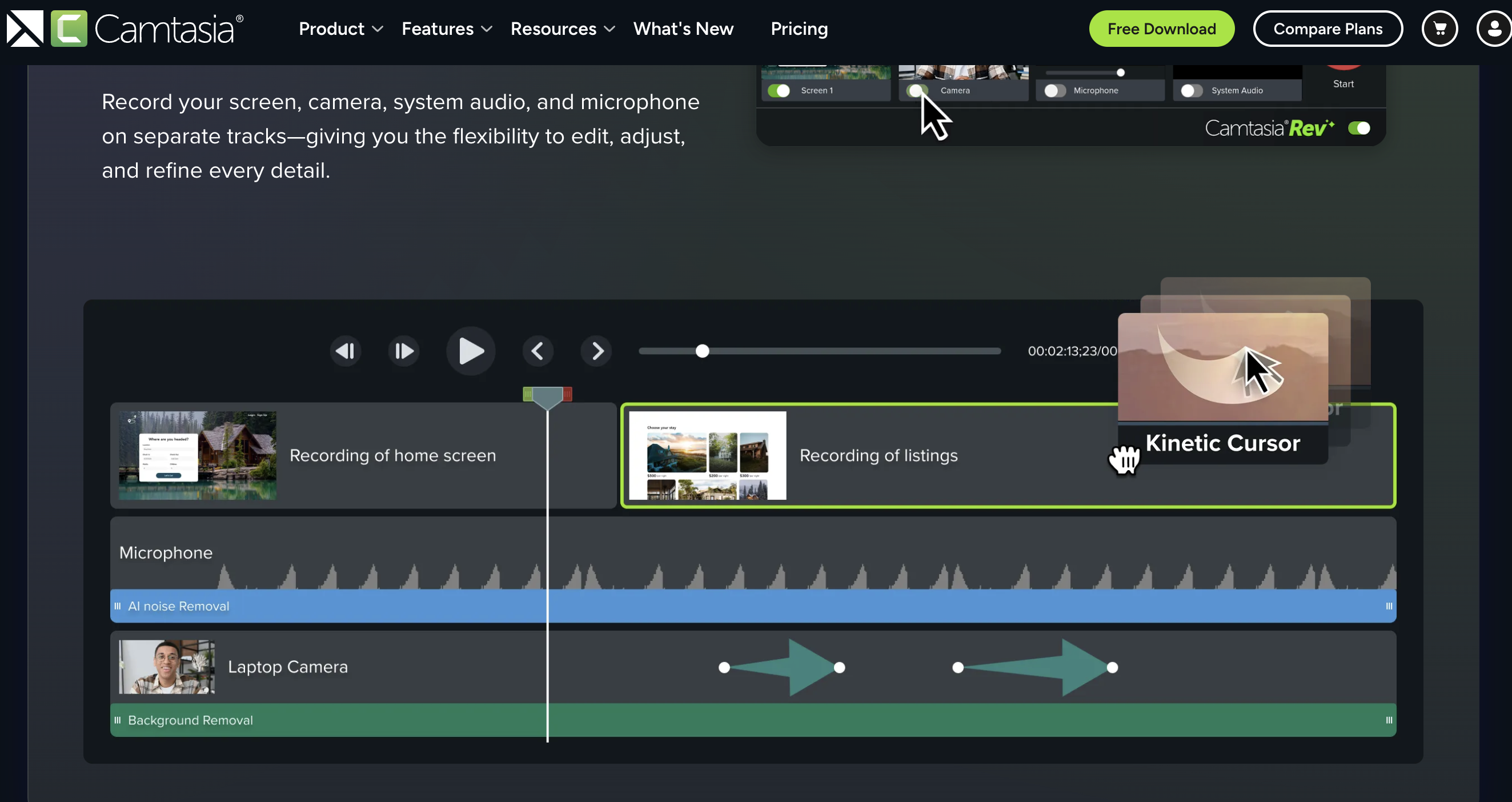 Camtasia timeline editor with annotations and multi-track editing