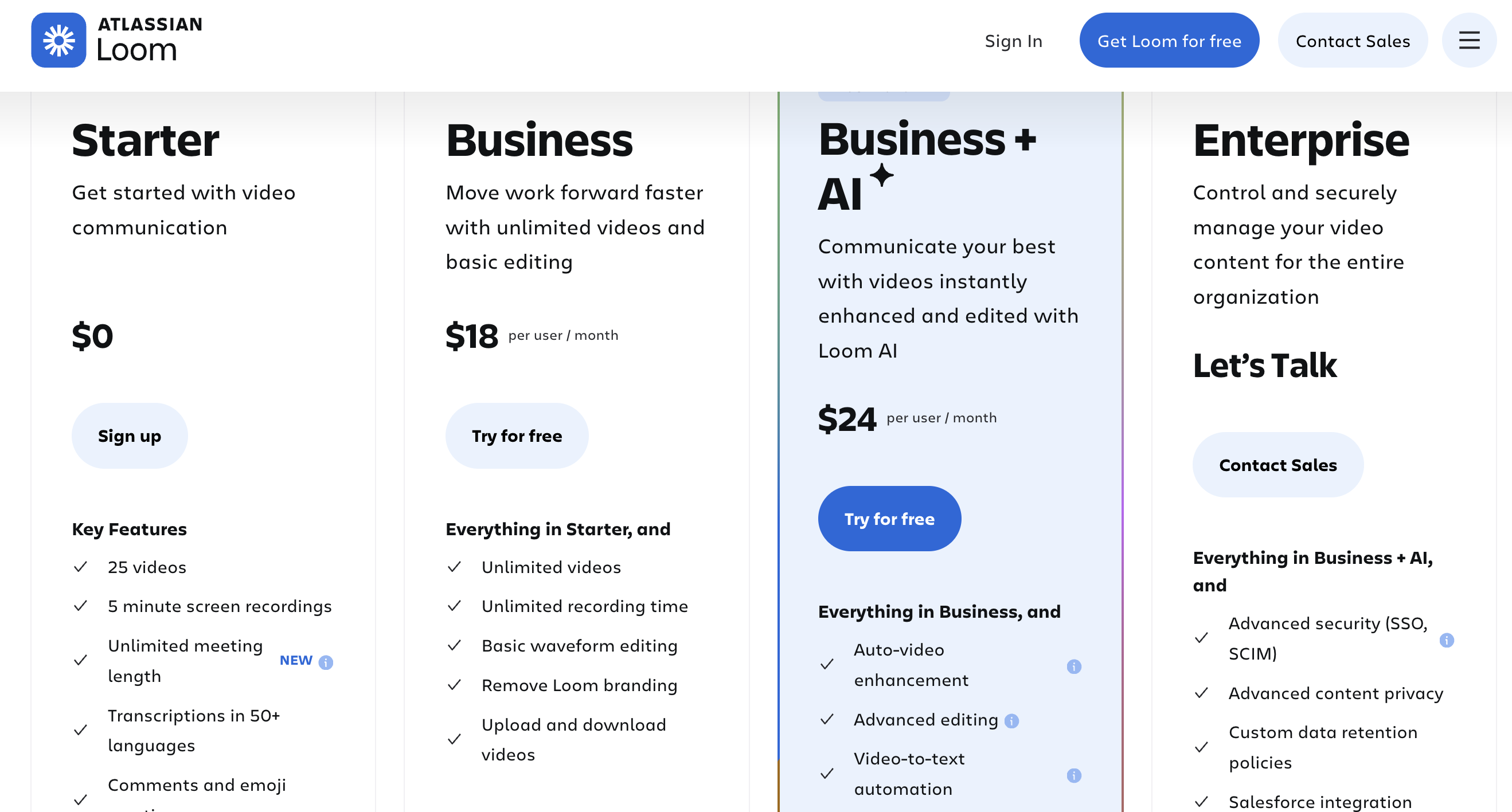 Loom pricing showing AI features on Business plus AI plan