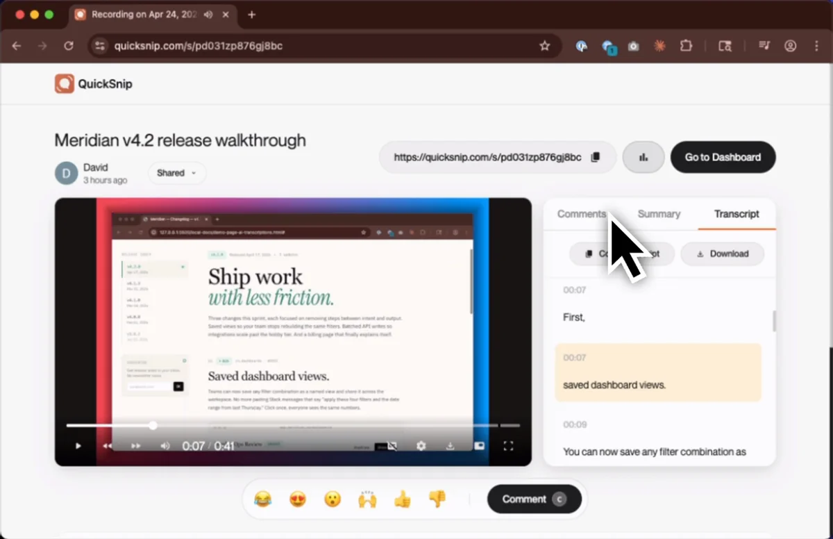 QuickSnip share page with the recording, AI generated transcript on the right, and the instant share link