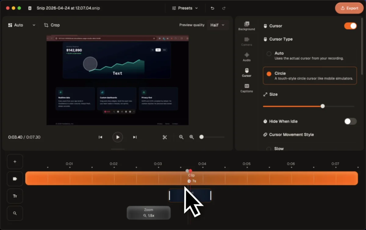 QuickSnip Studio Mode editor with timeline, cursor effects, and clip controls