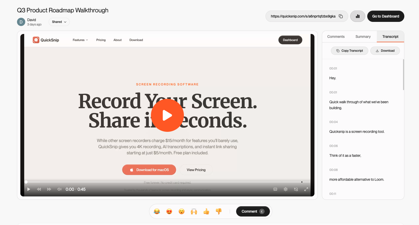 QuickSnip AI-generated captions and searchable transcript